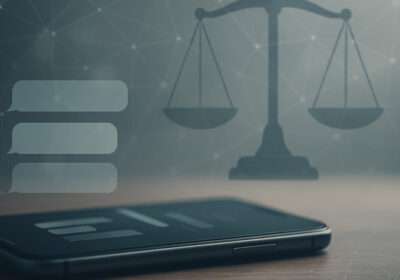 Abstract smartphone and scales of justice illustrating a ChatGPT confession becoming digital evidence in court.