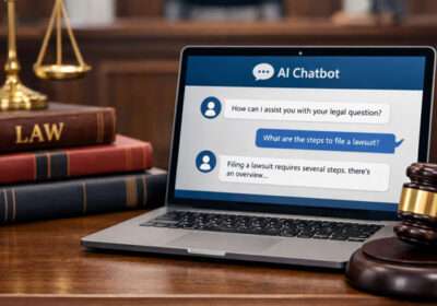 Laptop displaying AI chatbot discussing legal advice with law books in background