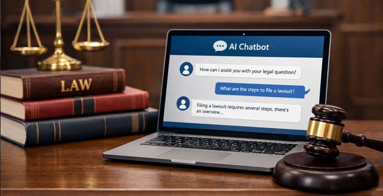 Laptop displaying AI chatbot discussing legal advice with law books in background