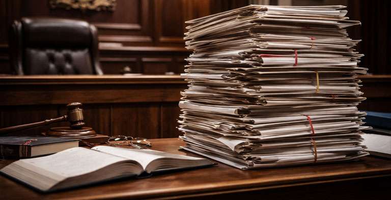 Empty courtroom with legal files stacked, representing delays in UK Crown Court cases