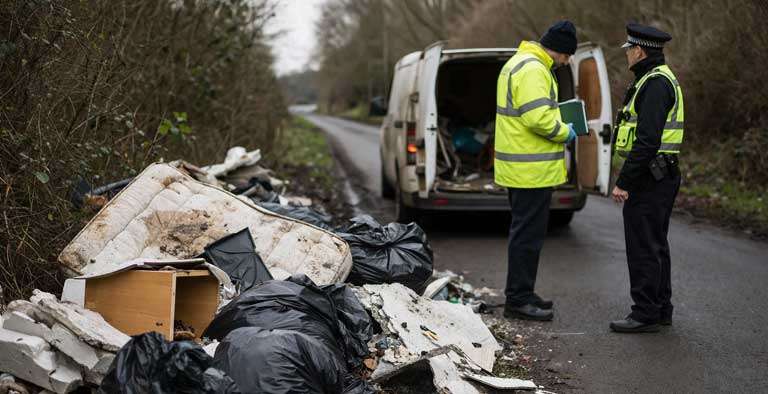 Illegal fly-tipping waste on roadside with enforcement focus