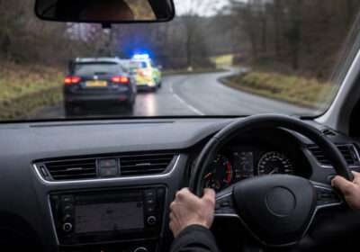 Right-hand drive car on a UK road with police vehicle and new driving laws sign highlighting tougher penalties