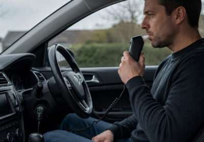 Driver using an in-car breathalyser alcohol lock device under proposed UK drink driving law changes.
