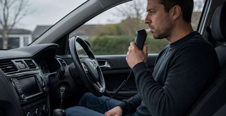 Driver using an in-car breathalyser alcohol lock device under proposed UK drink driving law changes.