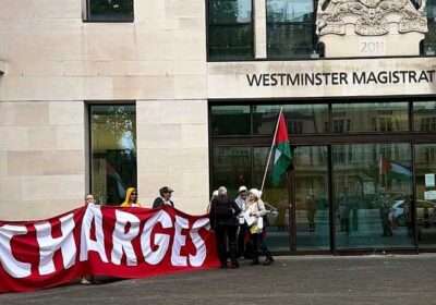 Exterior view of Westminster Magistrates' Court, where a Palestine Action Group charge case is being heard.