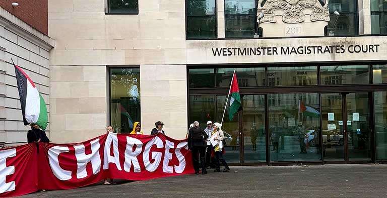 Exterior view of Westminster Magistrates' Court, where a Palestine Action Group charge case is being heard.