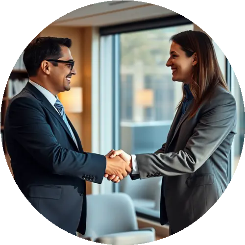 Solicitor at Newgate Solicitors, a law firm in Barnet, greeting a client with a handshake during a consultation